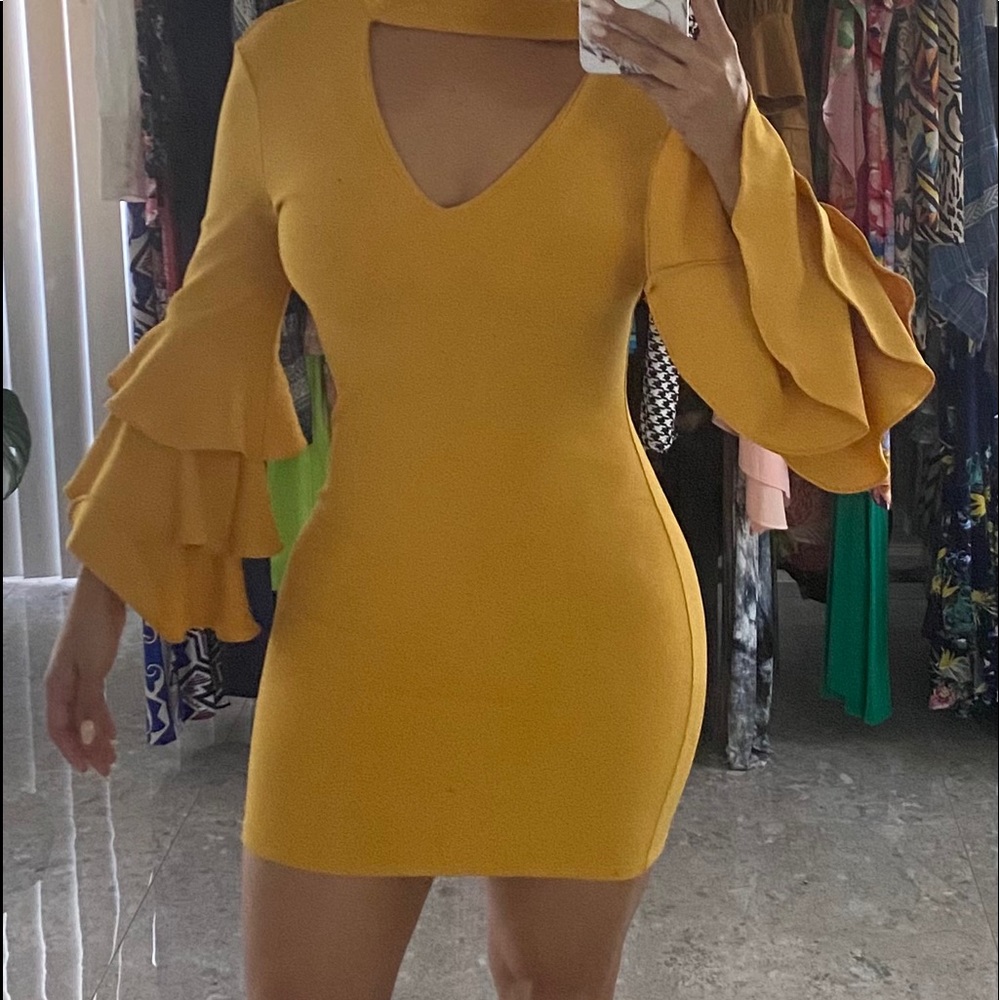 Jealous Tomato Mustard Yellow Mini Dress Ruffle S